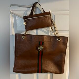 Gucci Raja Brown Leather Tote with Gold Chain
